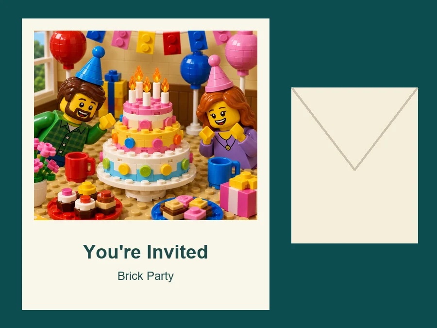 Birthday party invitation card featuring a brick-built party scene with a minifigure and a cake