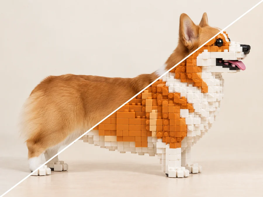 Corgi photo split diagonally, with one half rebuilt as a LEGO-style brick model