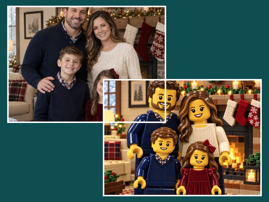 Family of four by a fireplace and the same family rebuilt as LEGO-style minifigures in a brick living room