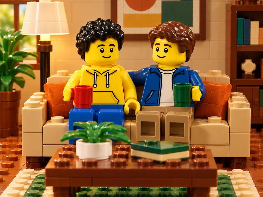 Couple as minifigures on a brick-built sofa in a living room made of LEGO-style bricks