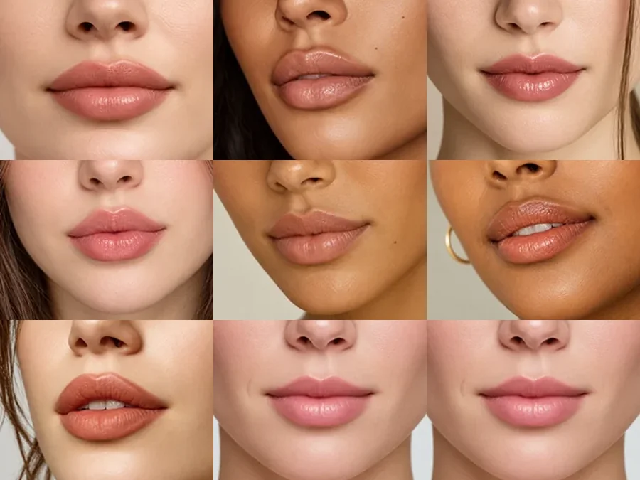Grid of nine lip shapes from natural plump to Hollywood glam