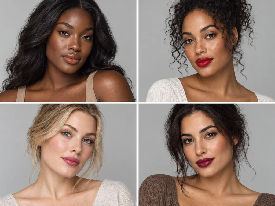 Four women with different skin tones wearing nude, red, pink and berry lipstick