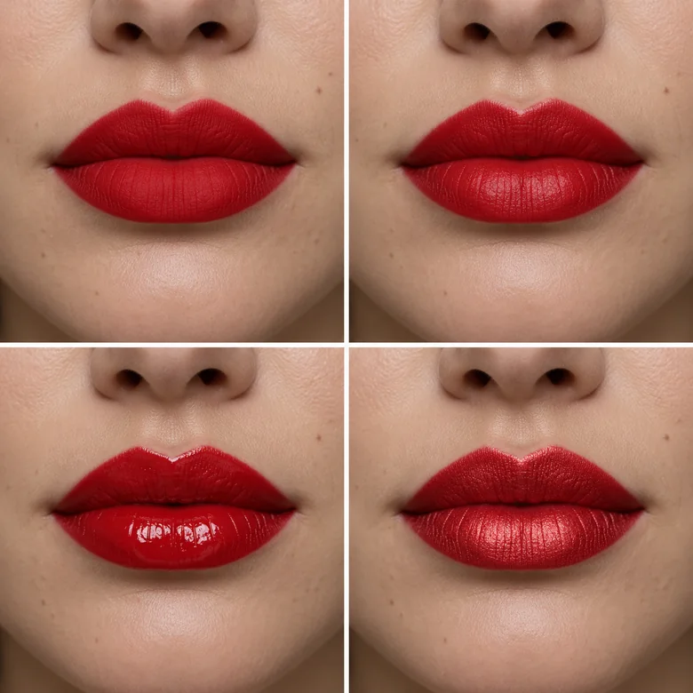 A laughing woman before and after a glossy lipstick try-on