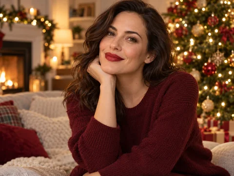 Woman with a red lipstick in front of a Christmas tree