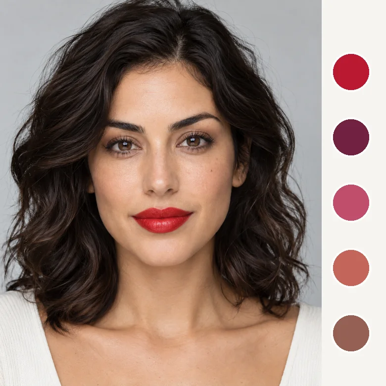 A portrait with a red lipstick and five other lip shades to choose from