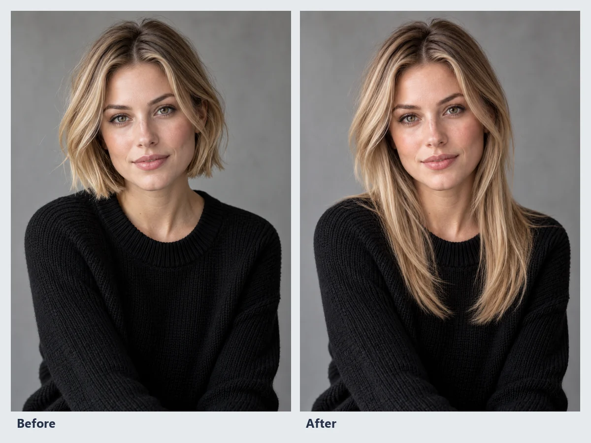 A woman with a blonde bob shown again with long, straight, highlighted hair