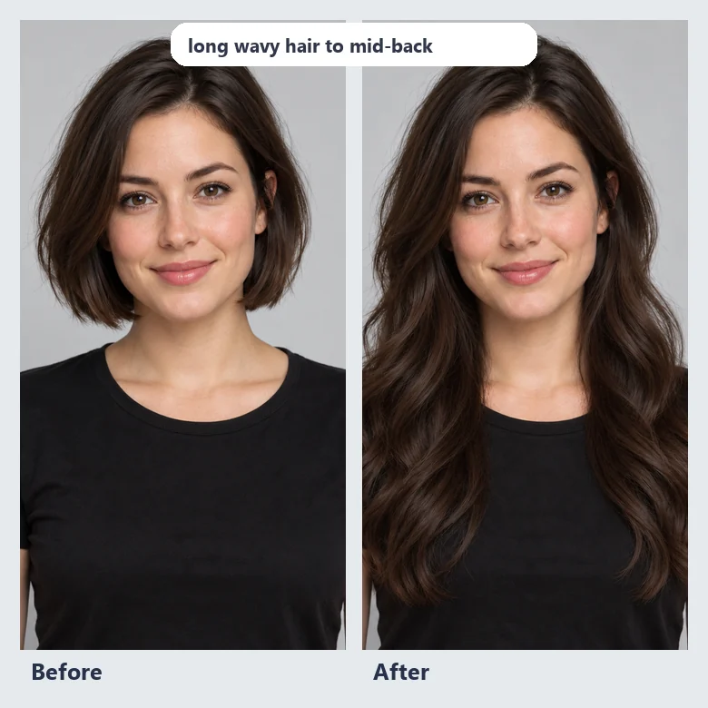 A woman with short hair shown again with long wavy hair made from the prompt "women in a wavy long hair"