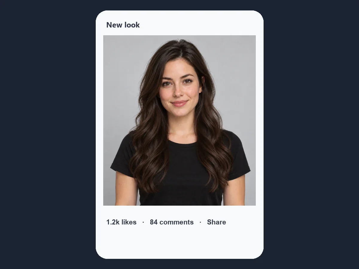 A phone showing a social post of a woman with long dark hair, with likes and comments beside it