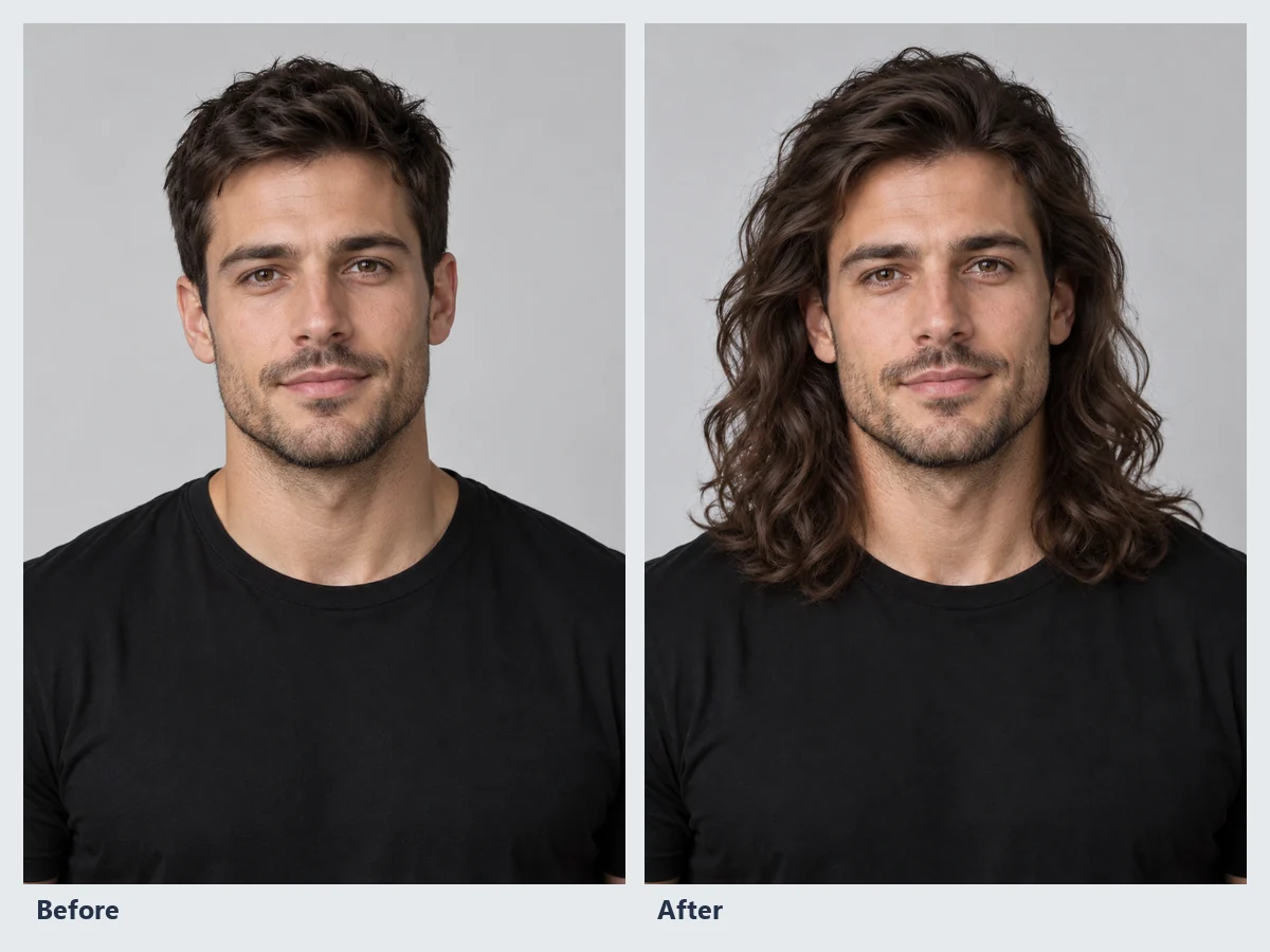 A man with a buzz cut shown again with long, dark, wavy hair