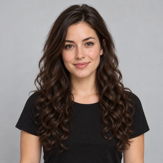 Woman with long, voluminous brown curls past her shoulders