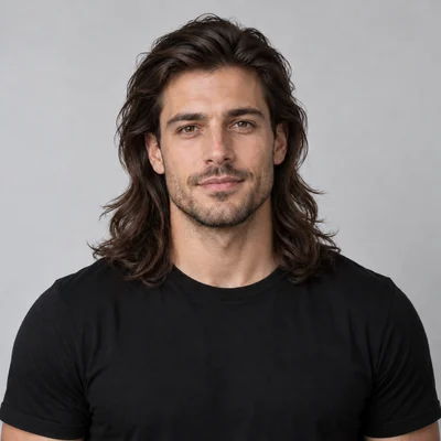 Man in a black shirt with long, layered dark hair swept back