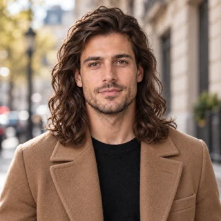 Man in a camel coat with long wavy hair