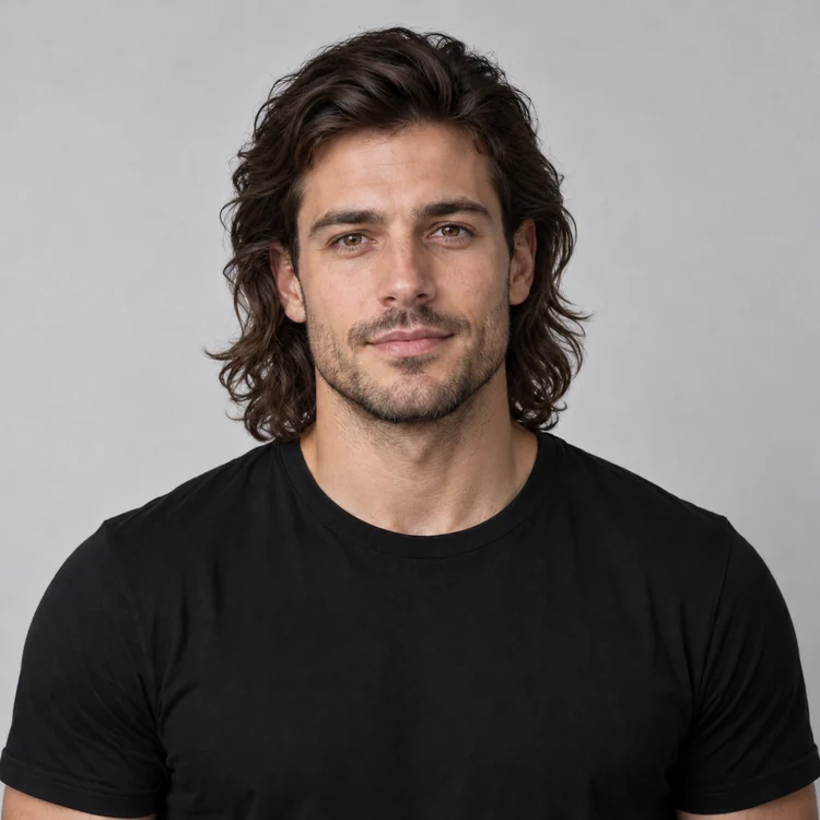 Man with shoulder-length dark waves and stubble