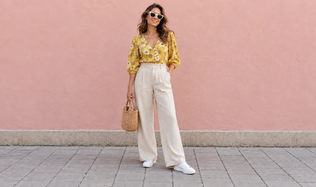 Drag to compare the street-style photo before and after the look taller edit (after)