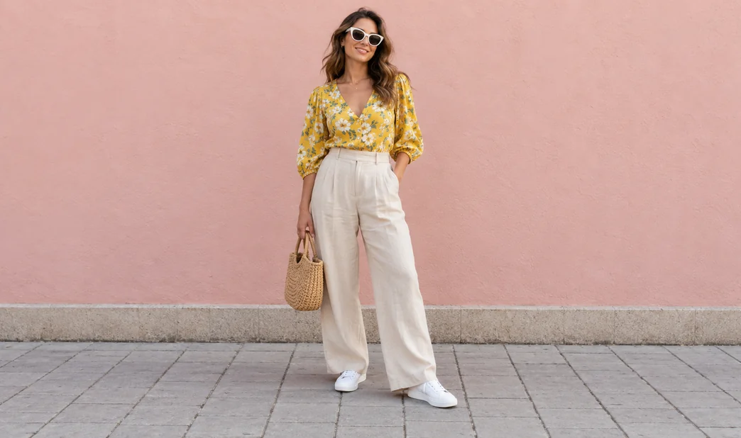 Drag to compare the street-style photo before and after the look taller edit (before)