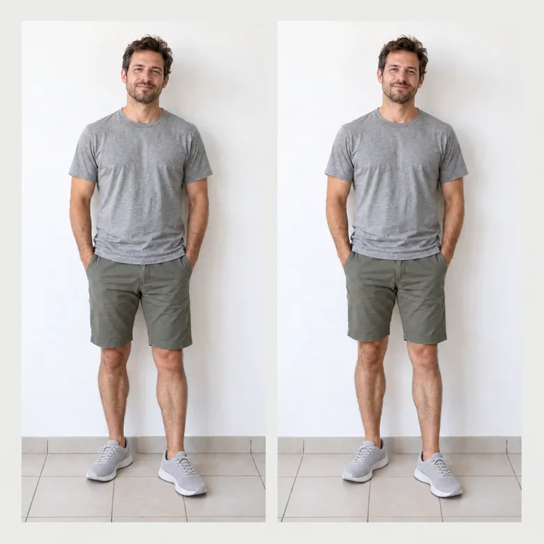 Man in gray shorts before and after a natural height edit, with a height marker beside him