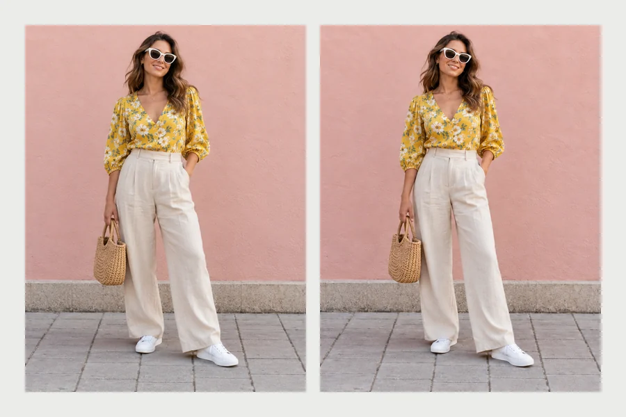 Woman in sunglasses and a floral blouse before and after the look taller edit, side by side
