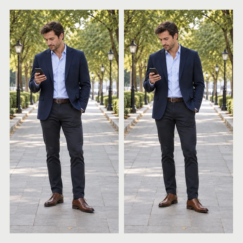 Man in a blazer on a tree-lined street before and after looking taller, background unchanged