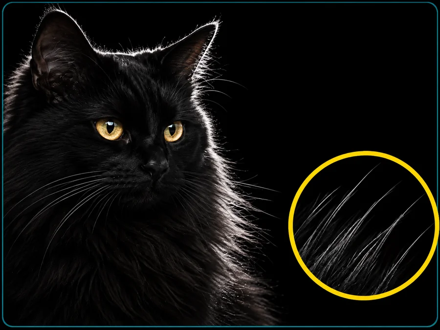 Black cat on a black background with fine fur strands kept sharp, shown in a zoom circle