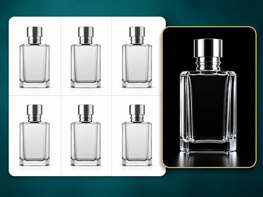 Grid of perfume bottles on white tiles next to one bottle on a black background