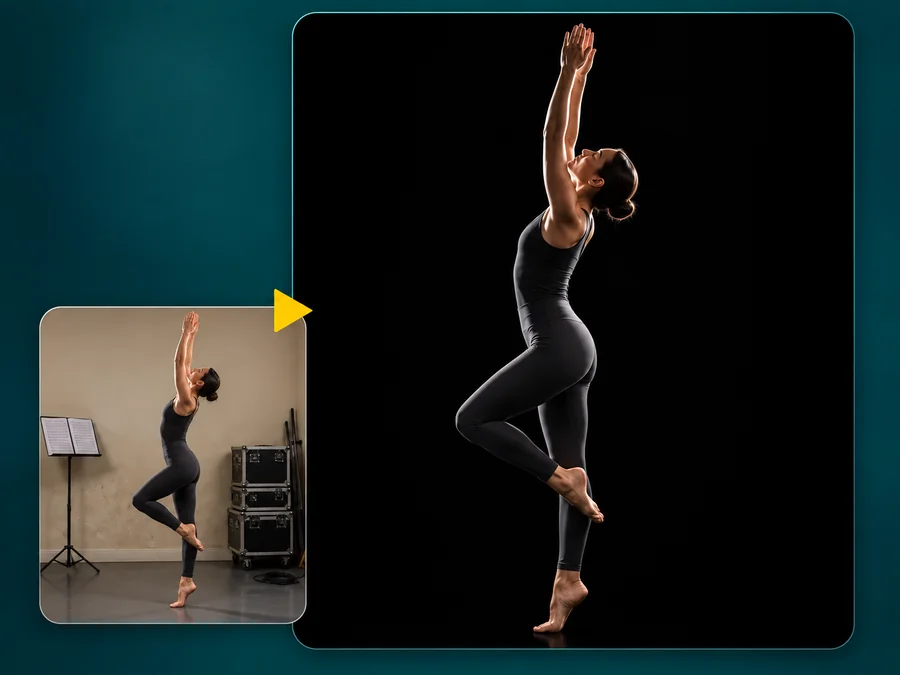 Dancer moved from a cluttered rehearsal room onto a black studio background