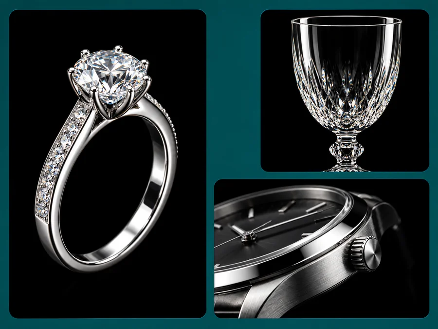 Diamond ring, crystal glass, and steel watch photographed on a black background