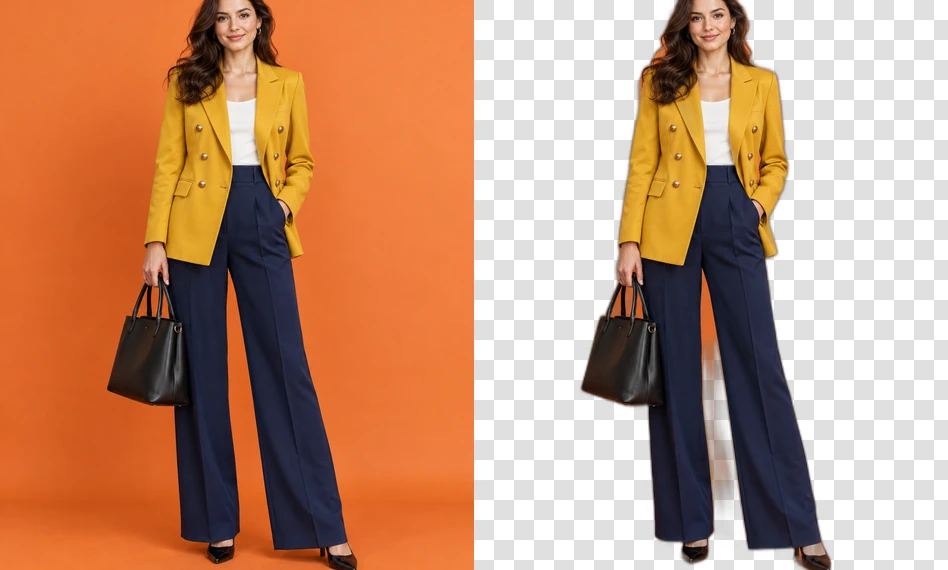 A woman in a yellow blazer against an orange wall, and the same full-length photo with a transparent background