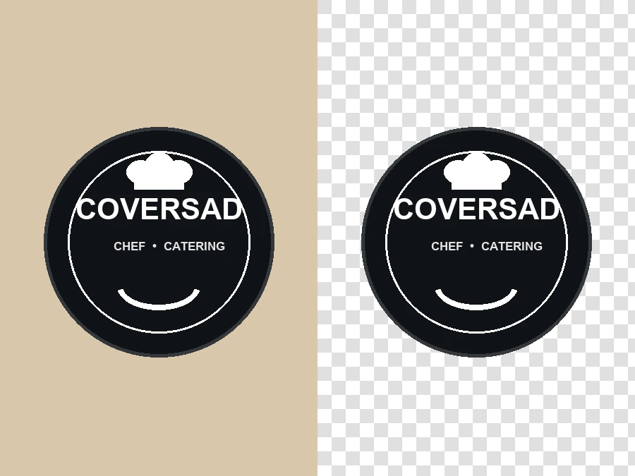 Round black chef logo shown half on a beige backdrop and half on a transparent background