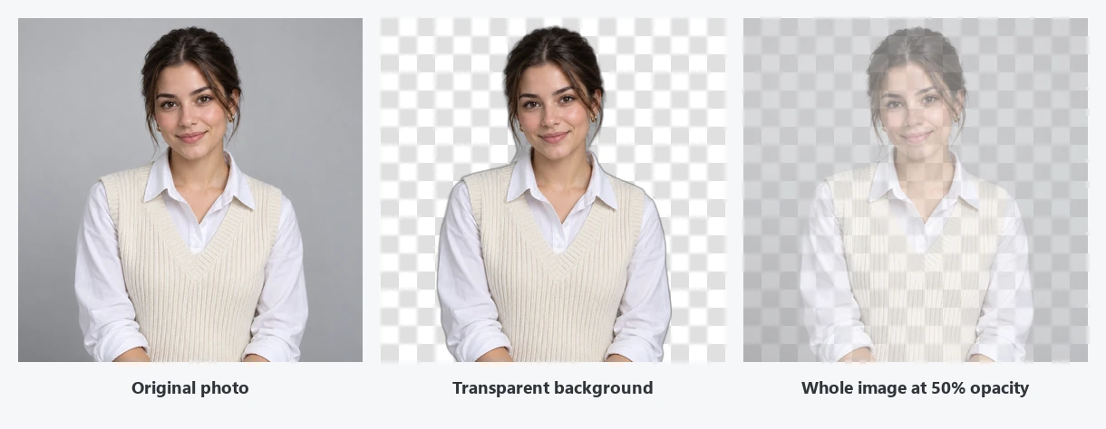 The same portrait three ways: the original photo, the subject on a transparent background, and the whole image at 50% opacity