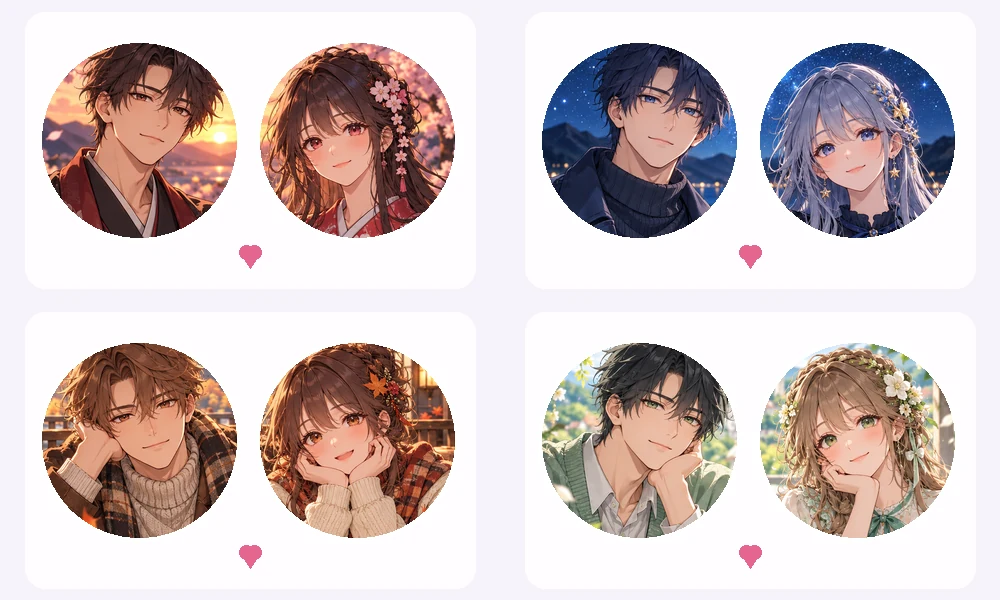 Four pairs of matching anime pfps shown as round avatars