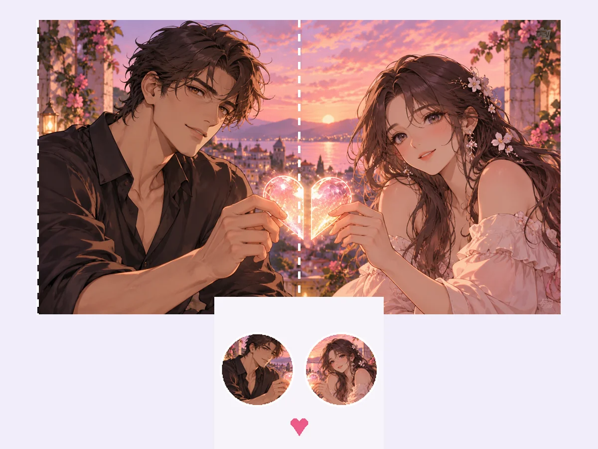 A wide matching pfp picture with crop guides, and the two round pfps cropped from it