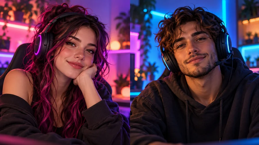 Matching gaming duo pfps with glitch and RGB light effects