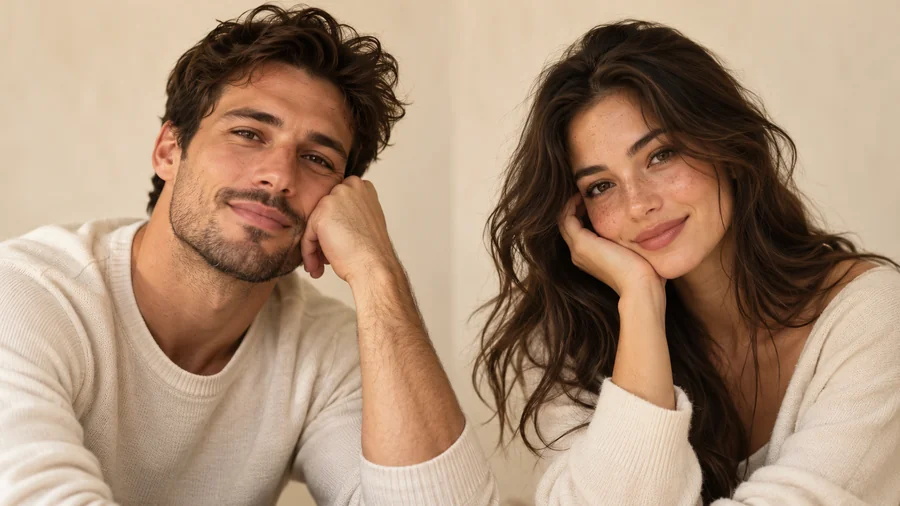 Soft aesthetic matching pfps of a woman and a man in cream sweaters