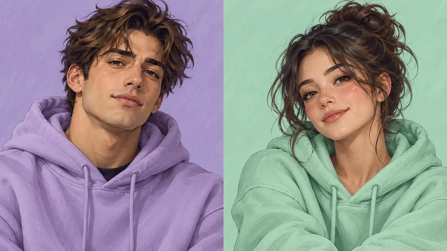Matching illustrated pfps on lavender backgrounds side by side