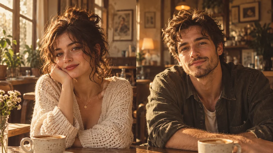 Matching vintage film profile pictures of a couple in warm tones