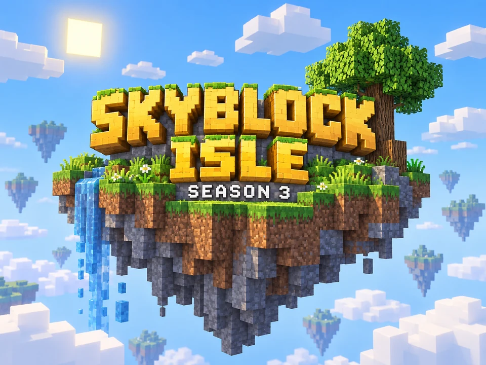 A blocky title screen reading SKYBLOCK ISLE with SEASON 3 underneath over a pixel island