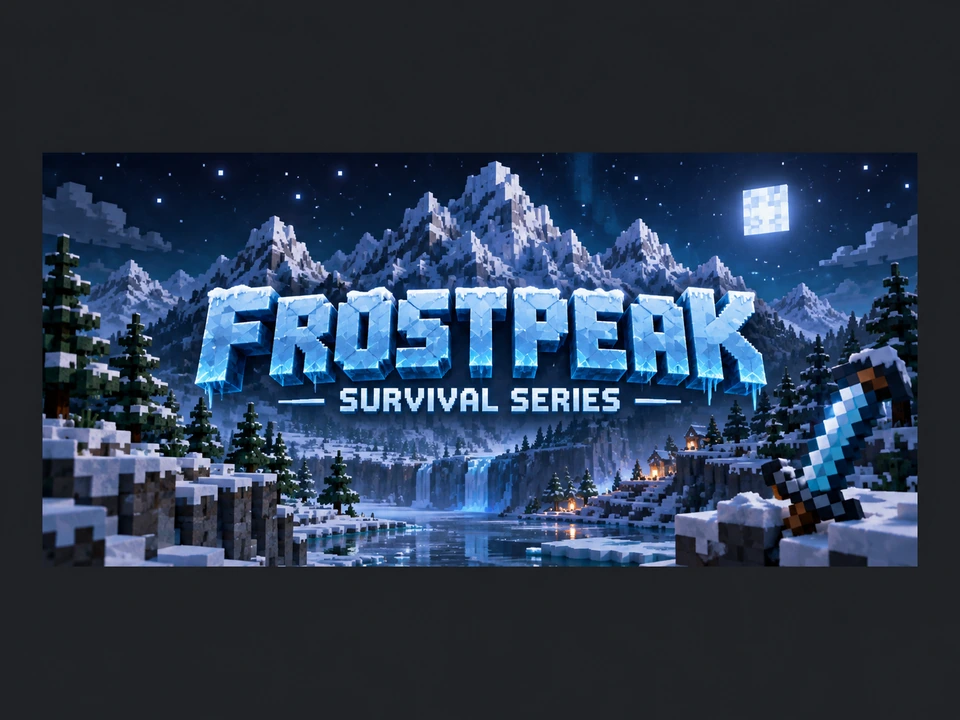 A 16:9 banner with the blocky title FROSTPEAK SURVIVAL SERIES over a snowy night landscape