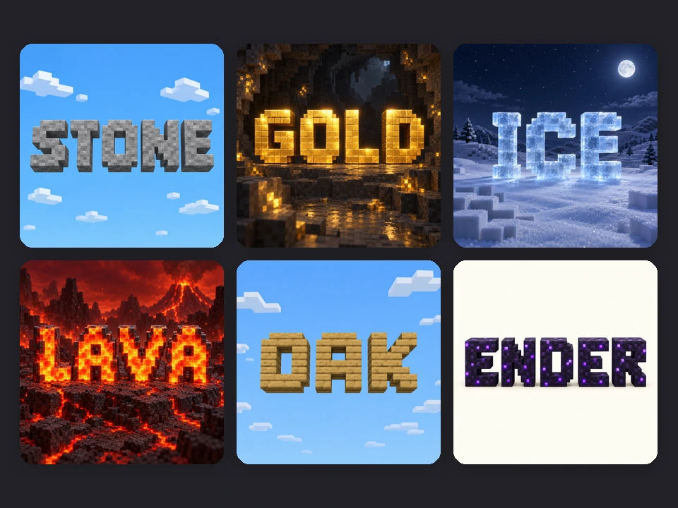 Blocky titles in stone, gold, ice, lava, oak, and ender block materials