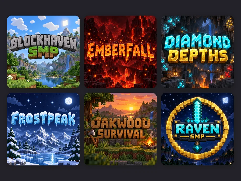 Six blocky logos for an SMP, a lava server, a mining series, a winter season, a survival server, and an emblem