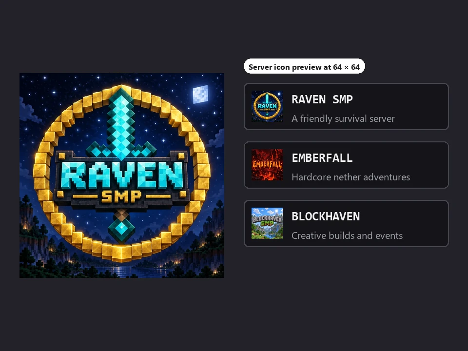 A round RAVEN SMP emblem next to a generic server list preview with 64 pixel icons
