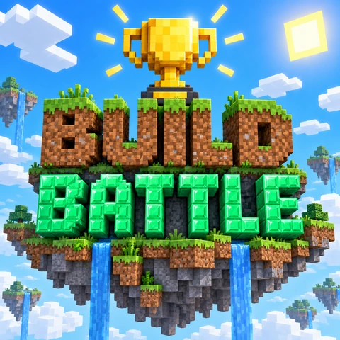 Create Minecraft logo idea: BUILD in grass blocks and BATTLE in emerald blocks over hills