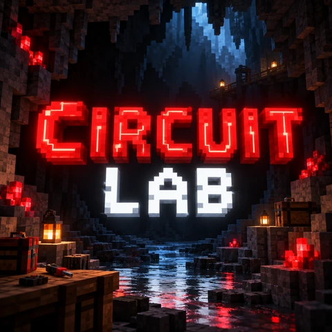 Blocky CIRCUIT LAB logo with red block letters in a stone cave