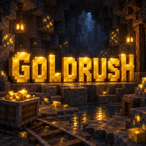 Minecraft server logo maker result: GOLDRUSH in gold blocks in a dark cave