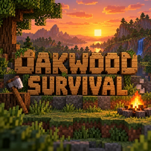 Custom Minecraft logo: OAKWOOD in oak plank blocks and SURVIVAL in white pixel letters over hills