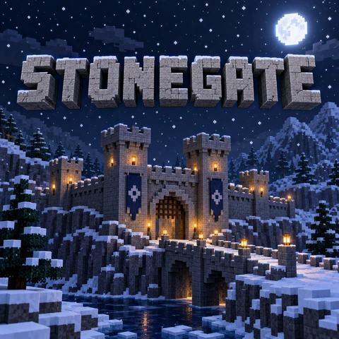 Blocky STONEGATE title in gray stone blocks over a snowy night landscape