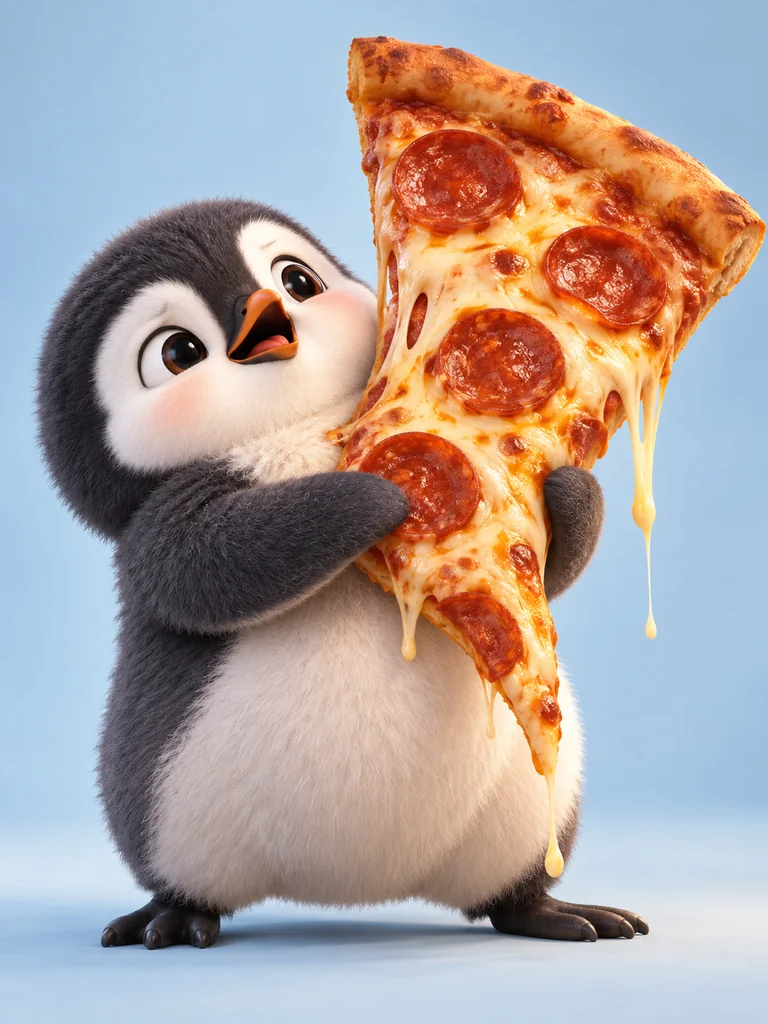 3D penguin with pizza