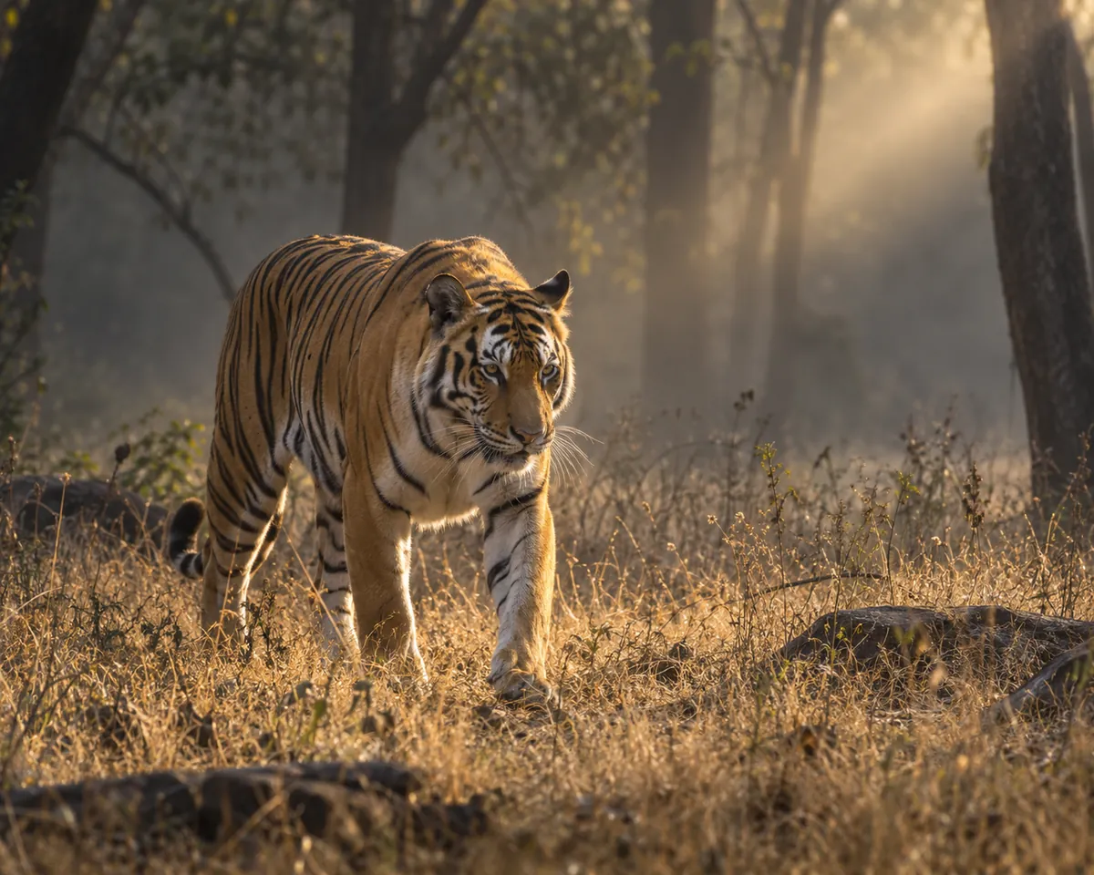Tiger walking through a forest clearing in a beam of light
