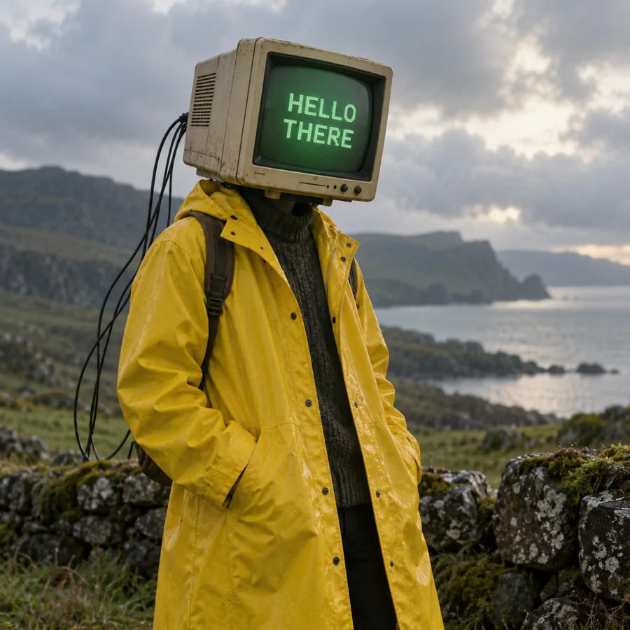 TV-headed figure with text on the screen
