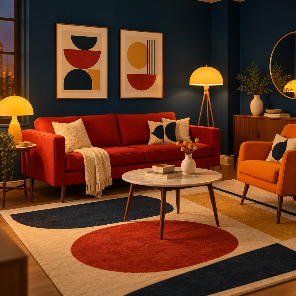 Living room in navy, red, orange, yellow, and cream matching a five-color palette