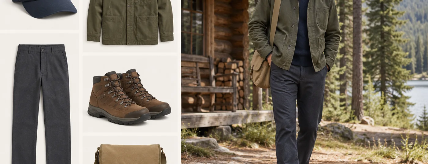 Separate photos of clothing items combined into one photo of a man wearing them outdoors
